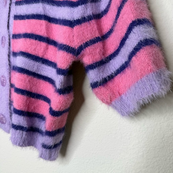 Beivy Short Sleeve Button Down Stripe Purple and Pink Eyelash Knit Sweater Small - Picture 5 of 9